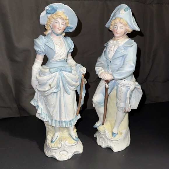 German Bisque Figurines Couple Madame Gentleman Walking Sticks 10.5” Blue Boy - Picture 1 of 16